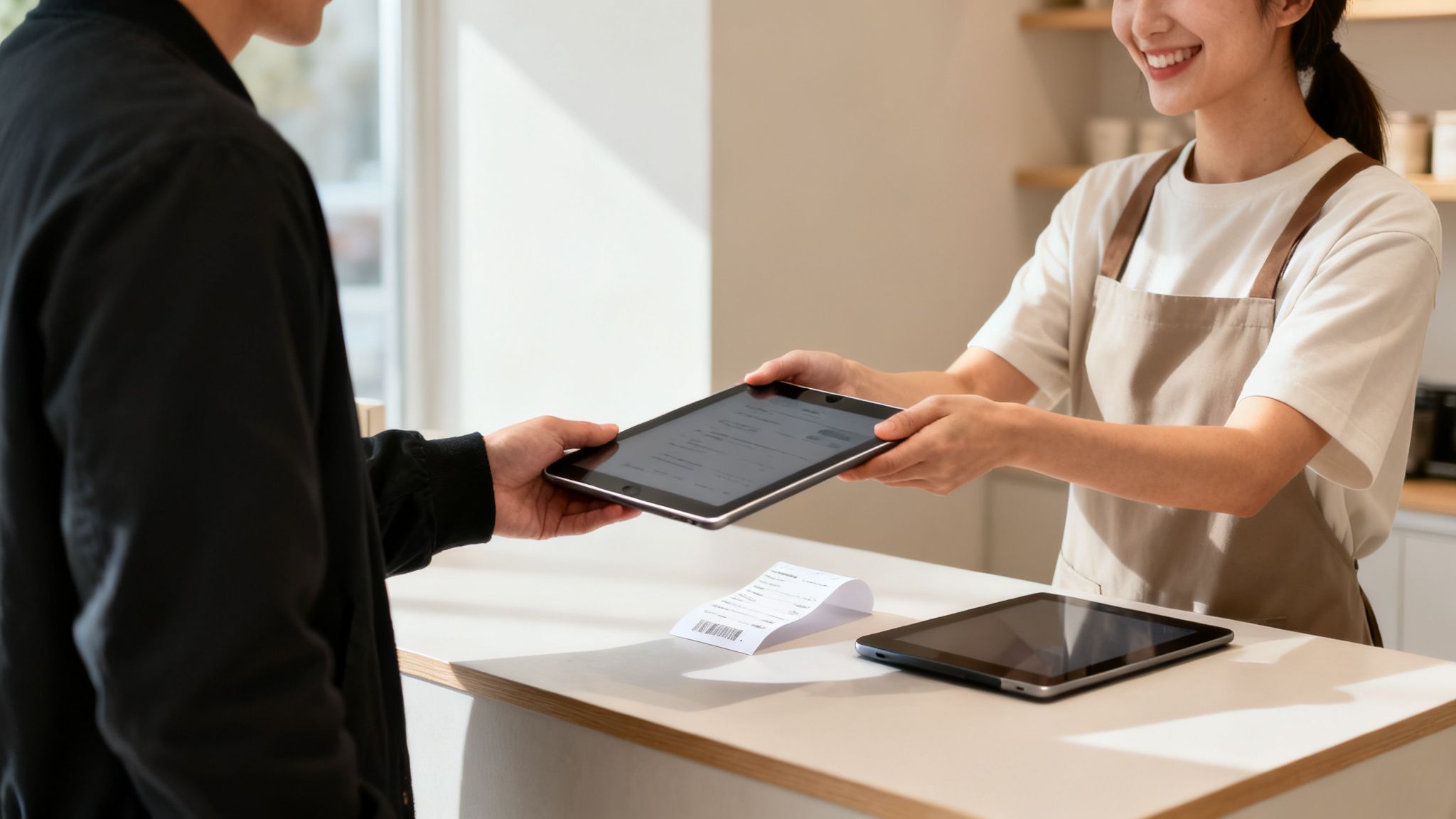 A customer receives a tablet from a smiling cashier at a modern counter with a receipt.