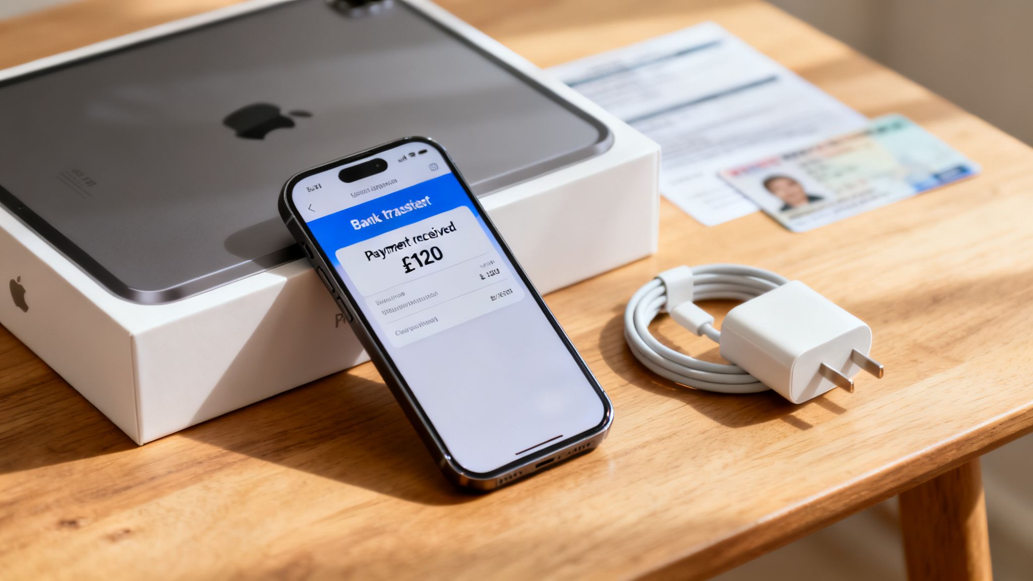 A new iPhone displays a bank transfer of £120 next to an iPad box and charger.