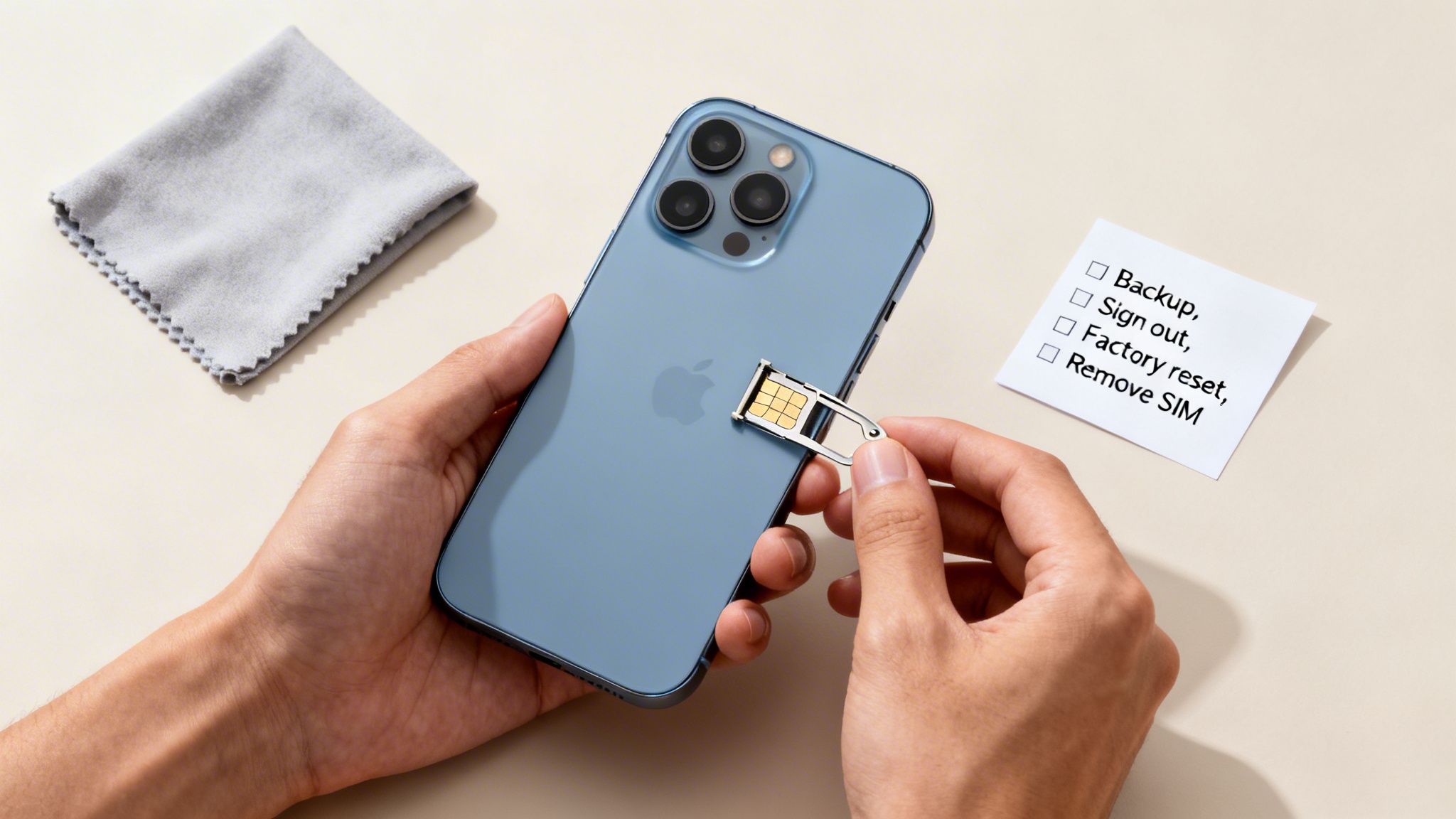 Hands removing a SIM card from a blue iPhone, next to a cleaning cloth and a checklist.