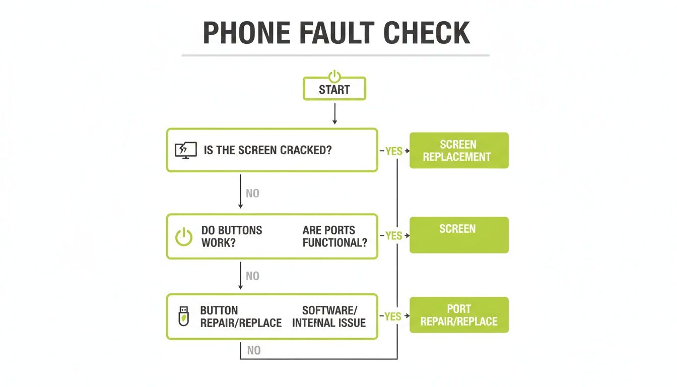 Flowchart detailing a phone fault check process, starting with screen, then buttons and ports, and ending with internal issues.