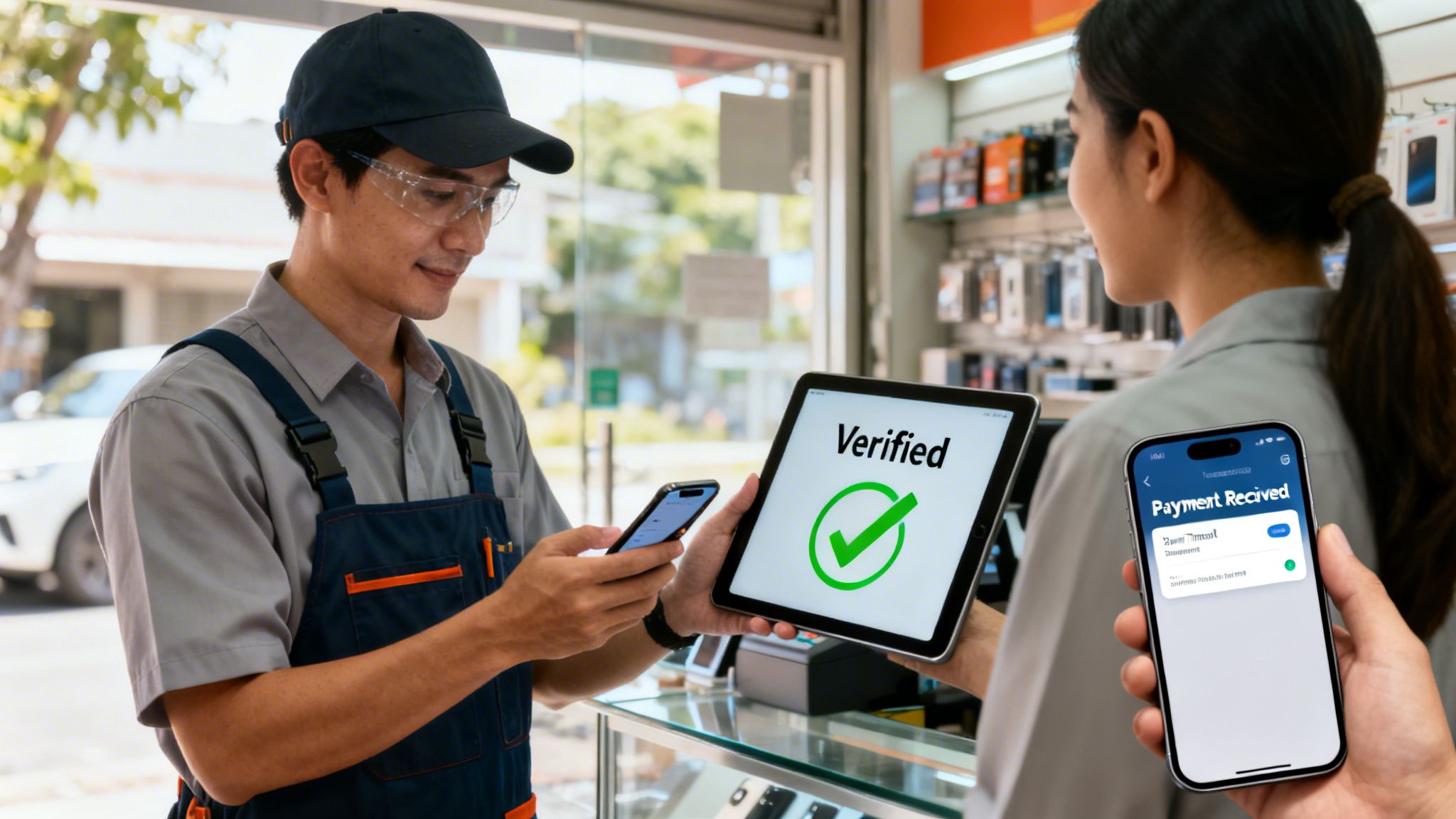 A technician and customer verify a digital payment on a tablet and phone in a tech store.
