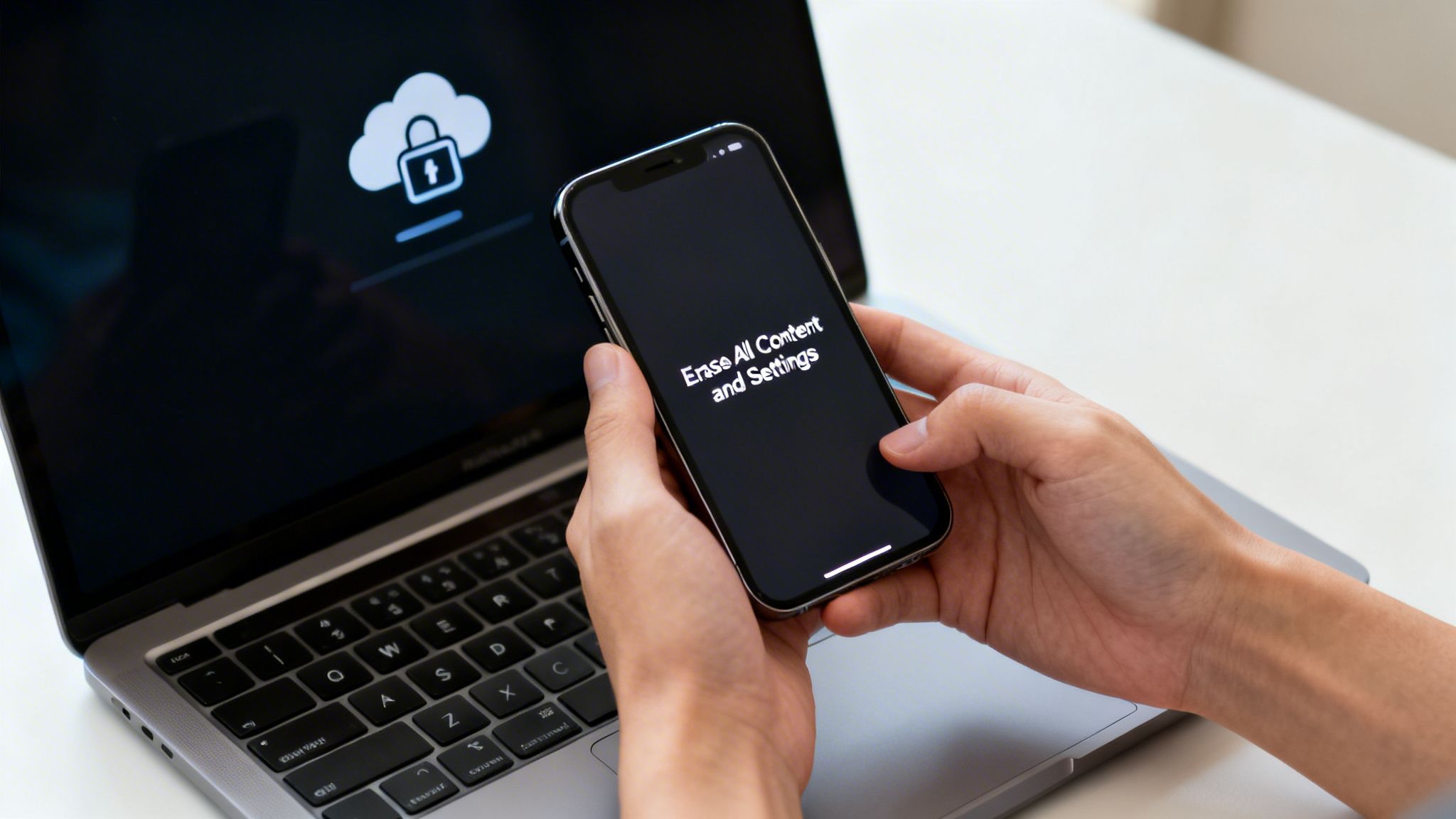 Hands hold a smartphone showing "Erase All Content and Settings" with a laptop displaying a secure cloud.