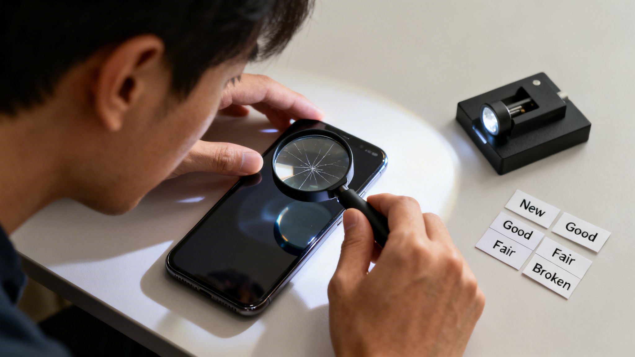 Man inspecting a cracked smartphone with a magnifying glass next to device condition labels.