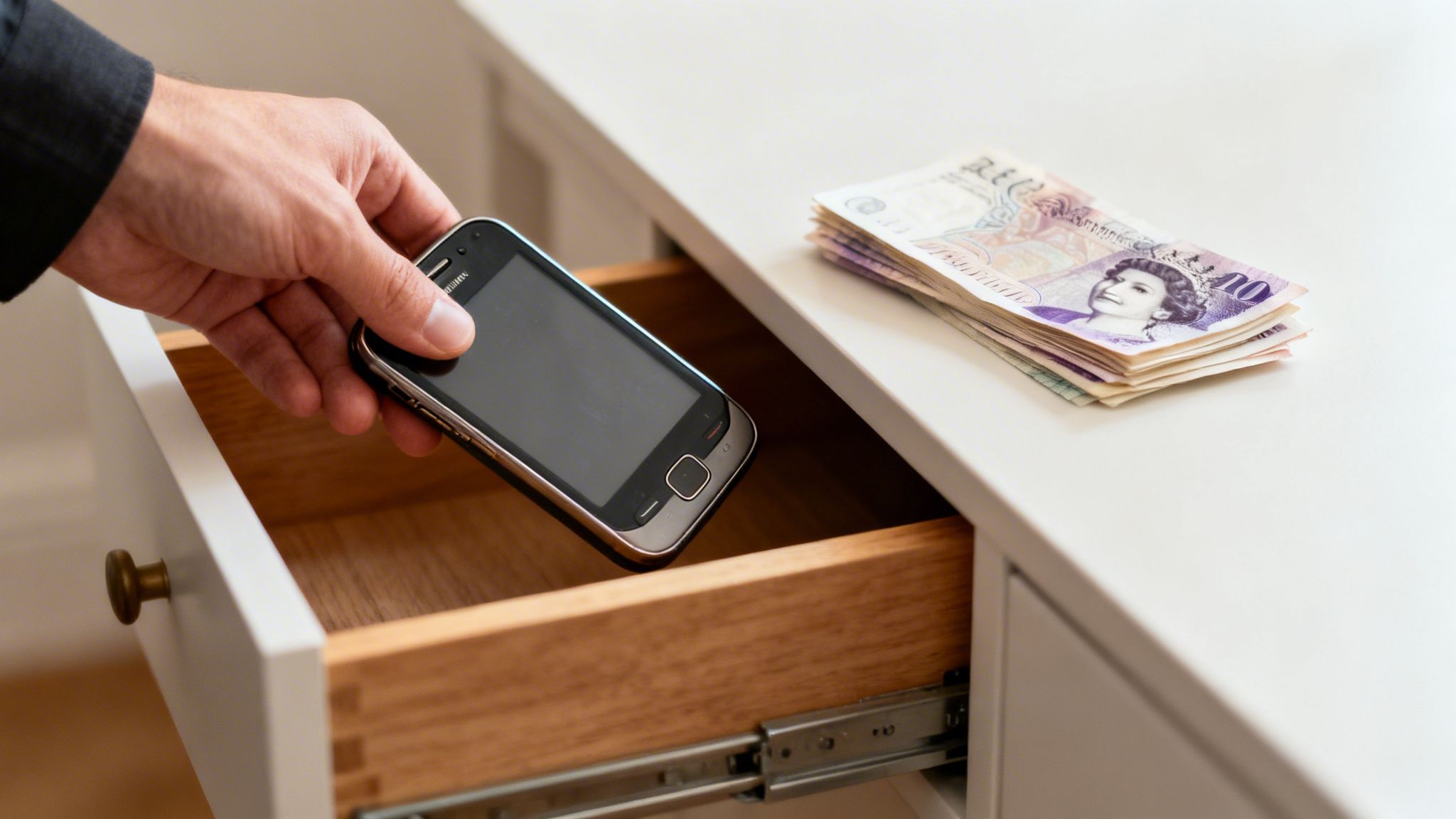 A hand places an old smartphone into a drawer, with a stack of British pound notes nearby.
