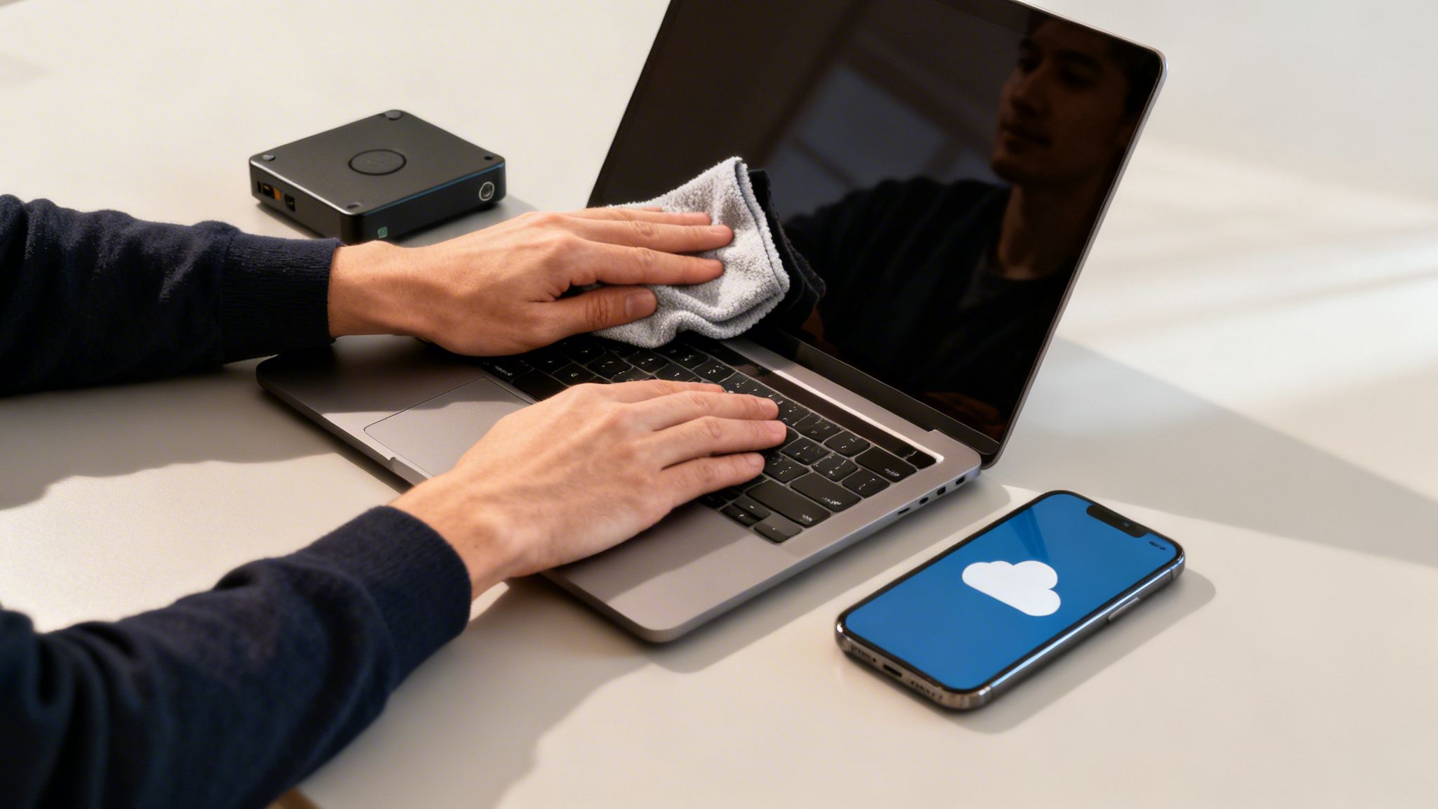A person's hands cleaning a laptop keyboard with a cloth, next to a smartphone displaying a cloud icon and an external drive.