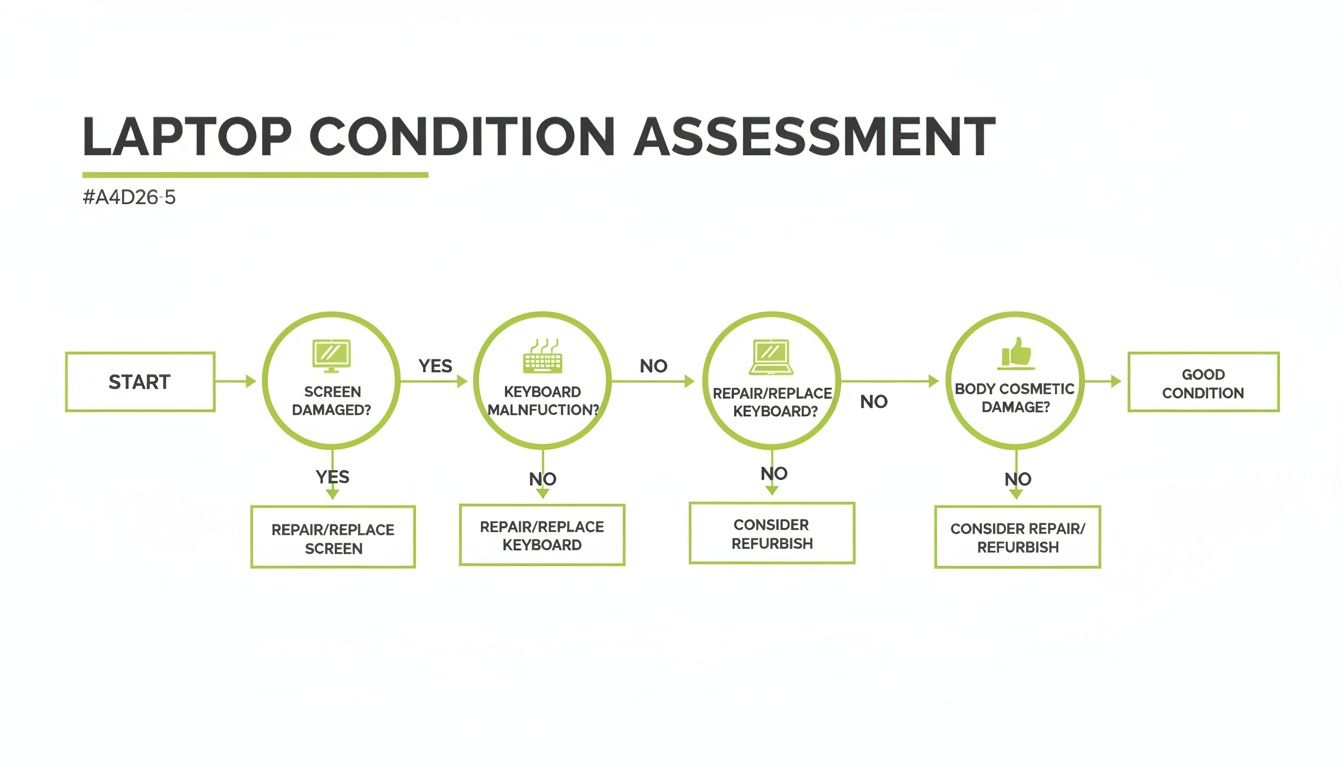 Flowchart for laptop condition assessment, guiding through screen, keyboard, and cosmetic damage to repair or good condition.