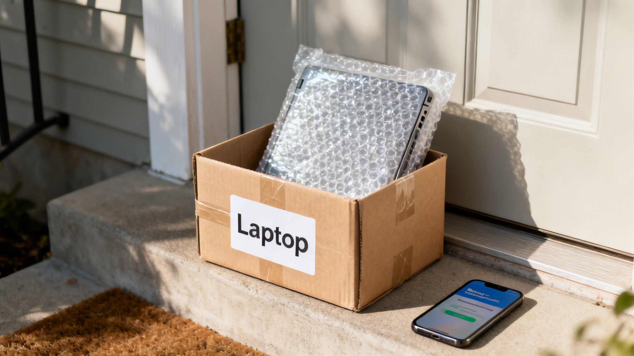 A delivered laptop in a box with bubble wrap on a concrete doorstep, with a smartphone nearby.