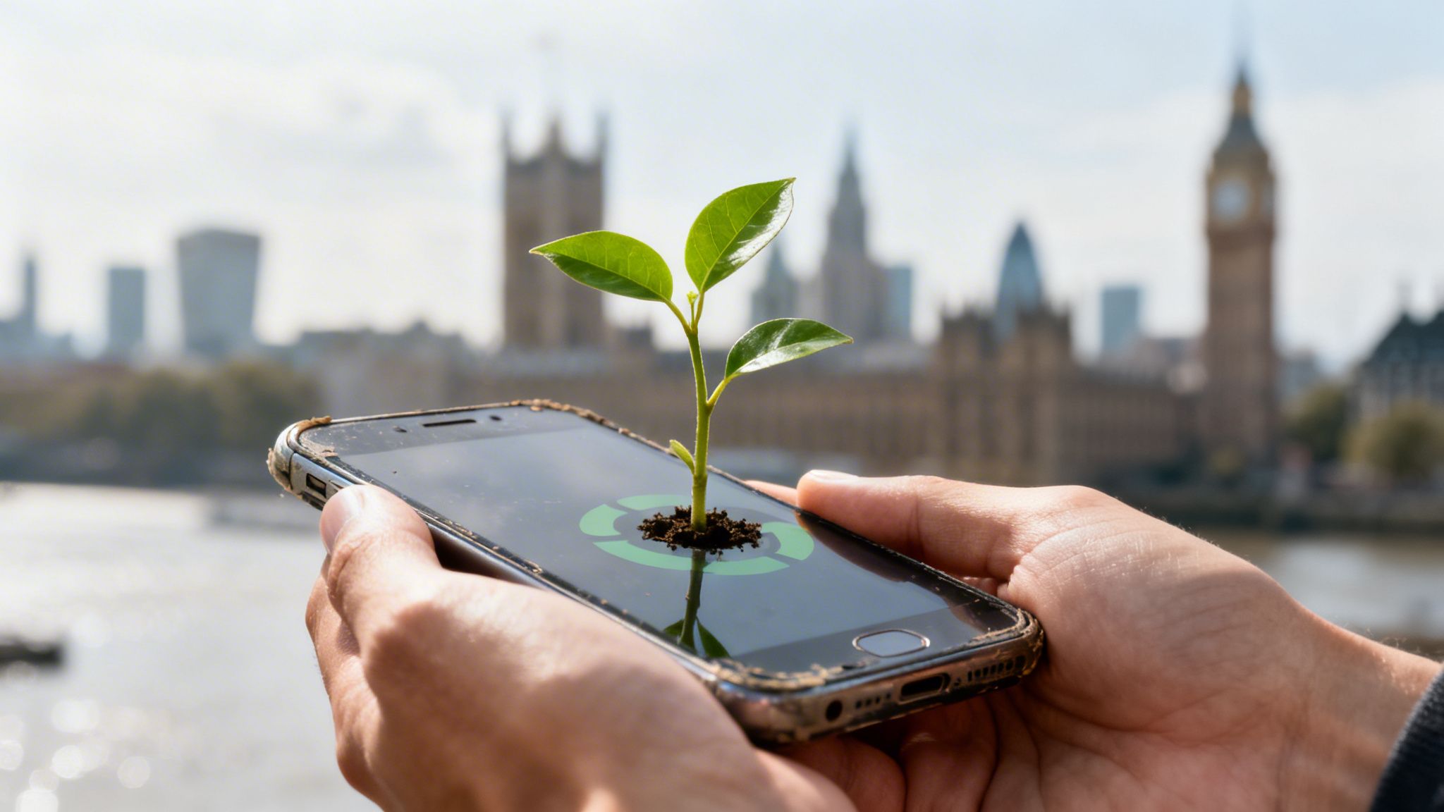 Hands hold a smartphone with a plant growing from its screen, displaying a recycling symbol in London.
