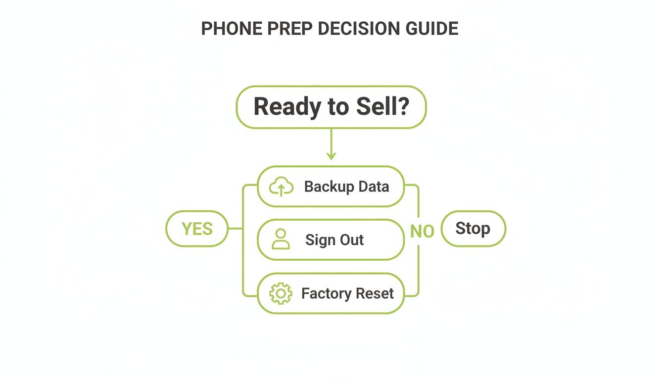 Flowchart illustrating steps to prepare a phone for selling, including backup data, sign out, and factory reset.