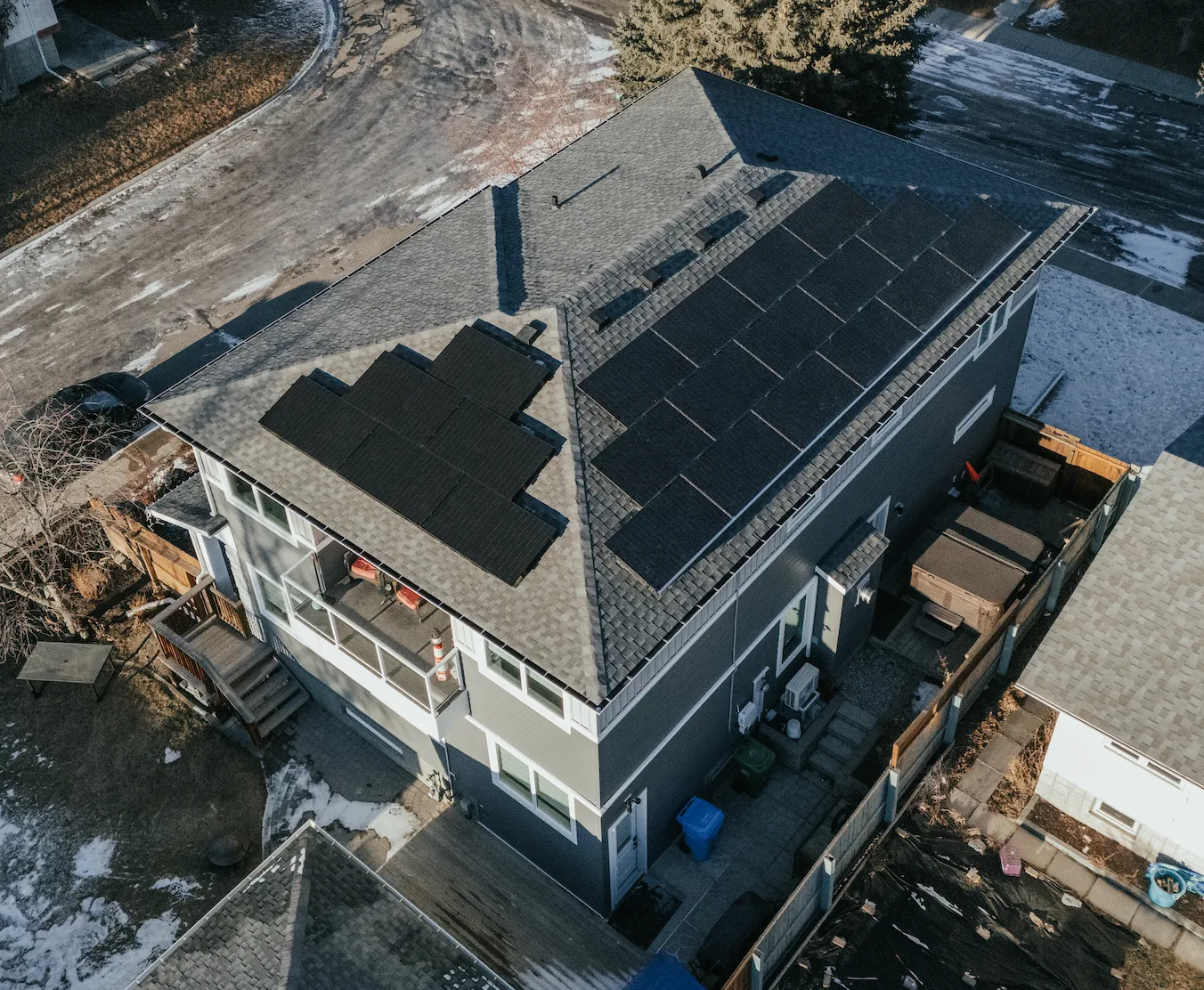 A drone photo of a big solar system installed in Alberta by Orizon Energy