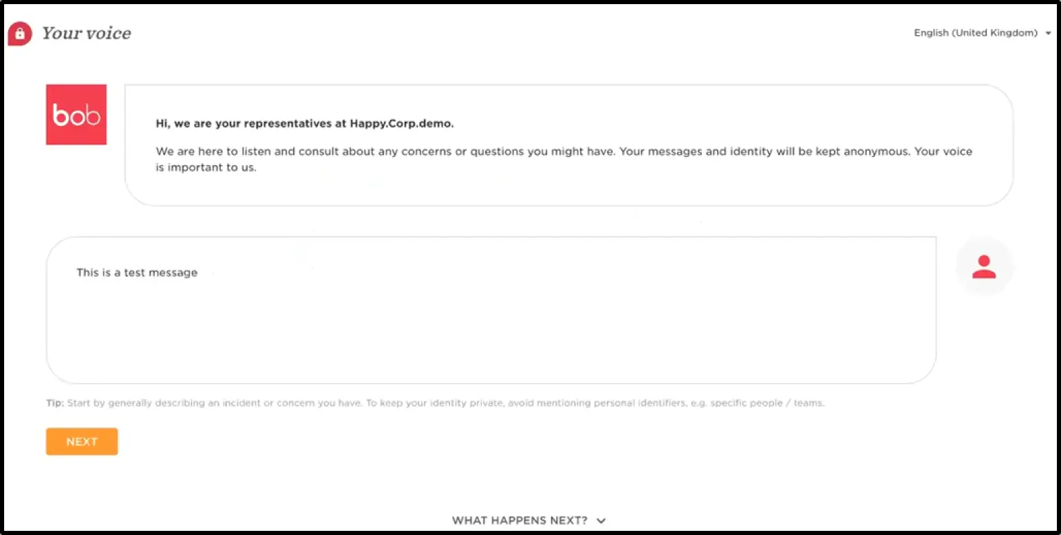 HiBob’s Your Voice feature allows employees to anonymously report dissatisfaction or problems in the workspace for HR to review.
