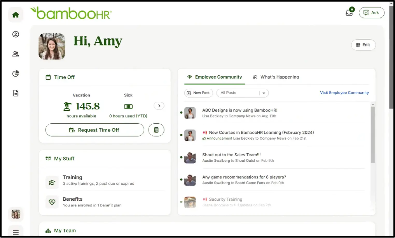 BambooHR’s dashboard gives your employees quick access to their community, activity feed, time off management, their team, and other relevant links.