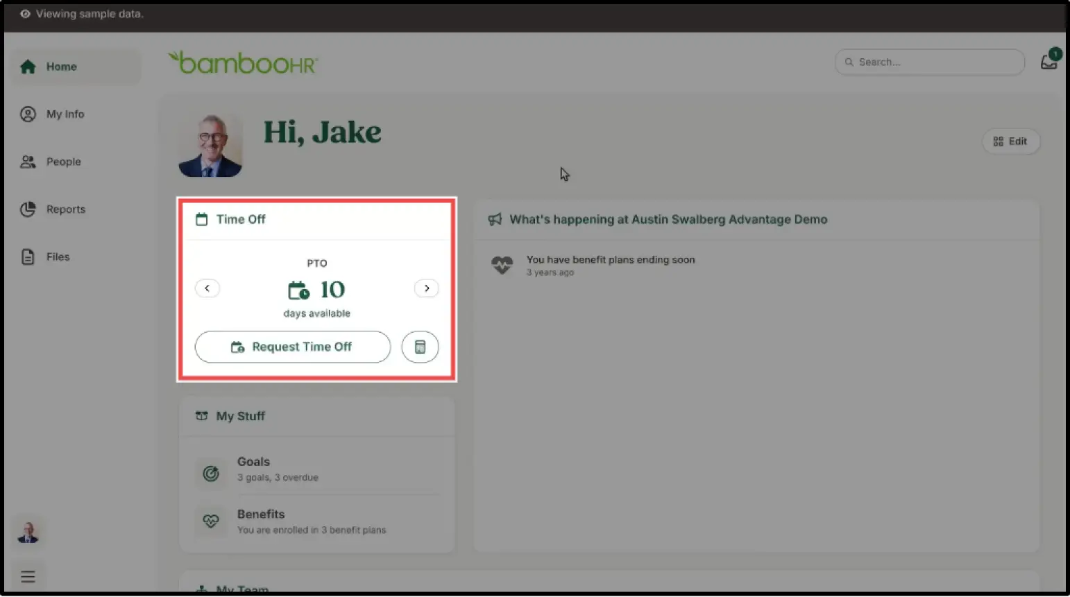 BambooHR’s time management features allow an employee to request time off