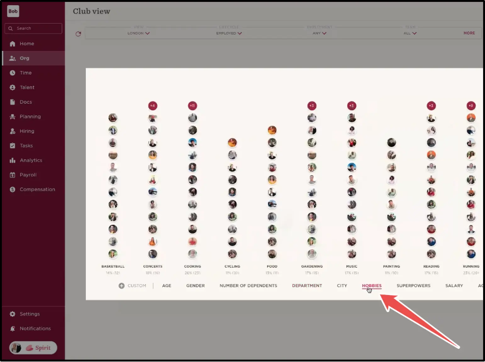 HiBob’s club view helps employees find other people based on their interests, gender, age, department, city, and more.