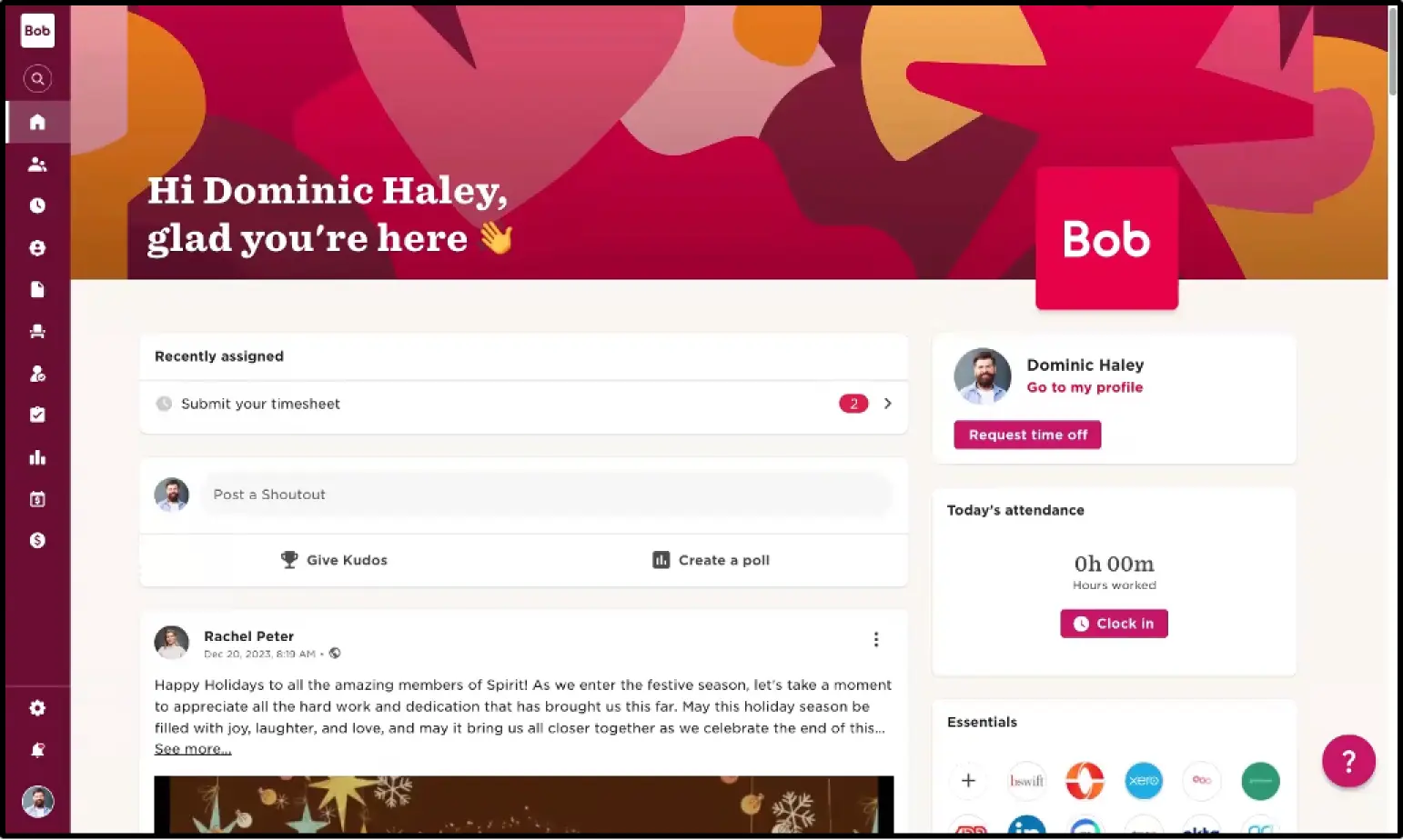 HiBob’s home screen looks like a social media feed where an employee can clock time, request time off, link to important apps, and see what’s going on in the organization.