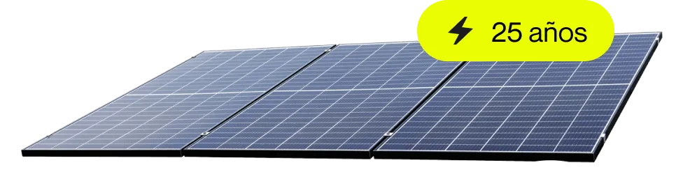 Cuatro paneles solares azules con un ícono de rayo y texto que dice '25 años'.
