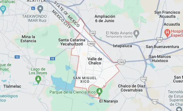 Mapa mostrando Xico y sus alrededores en el Estado de México, incluyendo áreas como Valle de Chalco, Santa Catarina Yecahuitzotl y El Naranjo.