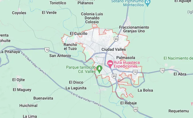 Mapa de Ciudad Valles y áreas circundantes con límites marcados en línea roja, incluyendo Rancho el Tuzo, Palmasola y El Rebaje.