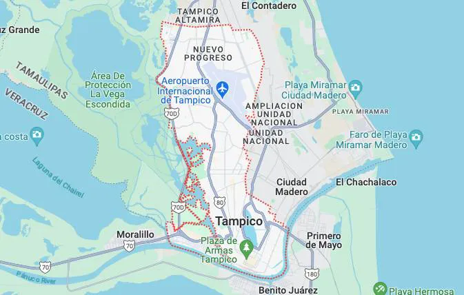 Mapa de la ciudad de Tampico en México, mostrando áreas como Aeropuerto Internacional de Tampico, Nuevo Progreso, Plaza de Armas y Playa Miramar.
