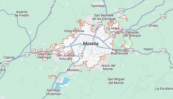 Mapa de la ciudad de Morelia y sus alrededores en Michoacán, México, mostrando principales carreteras y localidades cercanas.