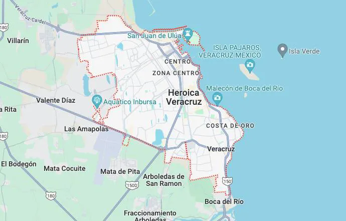 Mapa que muestra la delimitación de Heroica Veracruz y sus alrededores incluyendo Boca del Río y la Isla Verde en Veracruz, México.
