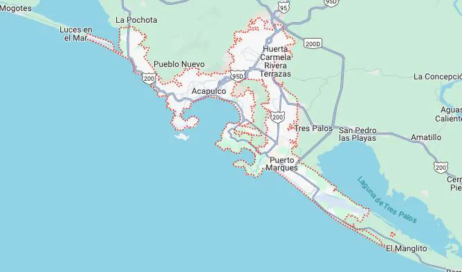 Mapa que muestra la región costera alrededor de Acapulco, incluyendo lugares cercanos como La Pochota, Pueblo Nuevo, Tres Palos, Puerto Márques y El Manglito.