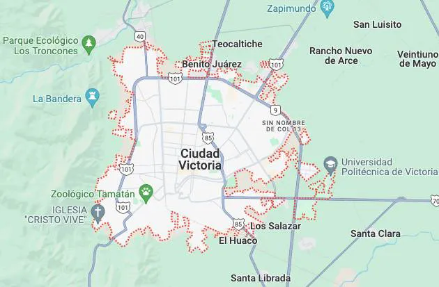 Mapa de Ciudad Victoria y sus alrededores con marcadores de lugares como Parque Ecológico Los Troncones, Zoológico Tamatán, Universidad Politécnica de Victoria y varias colonias.