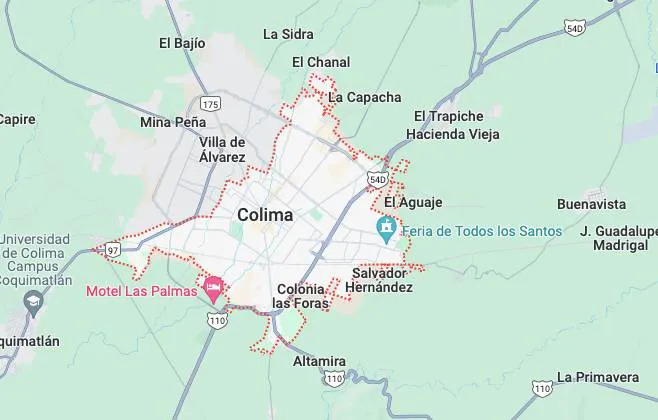 Mapa de la ciudad de Colima, México, mostrando barrios, carreteras y ubicaciones como Motel Las Palmas y Feria de Todos los Santos.