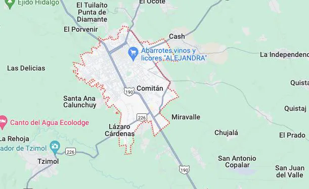 Mapa que muestra los límites y carreteras principales de Comitán y localidades cercanas en Chiapas, México.
