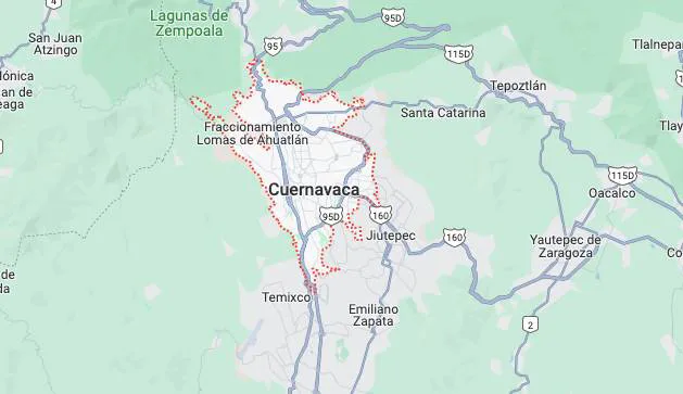 Mapa que muestra Cuernavaca, México, con sus alrededores como Temixco, Jiutepec y Santa Catarina, y vías principales 95D y 160.