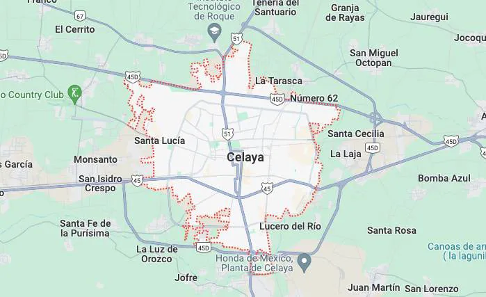 Mapa de la ciudad de Celaya con sus alrededores y límites señalados con línea punteada roja.