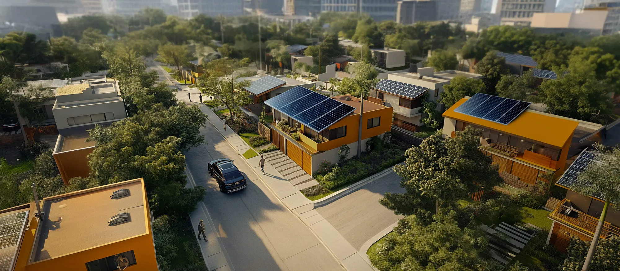 Vista aérea de un vecindario residencial moderno con casas amarillas y blancas que tienen paneles solares en los techos, rodeadas de árboles y áreas verdes.