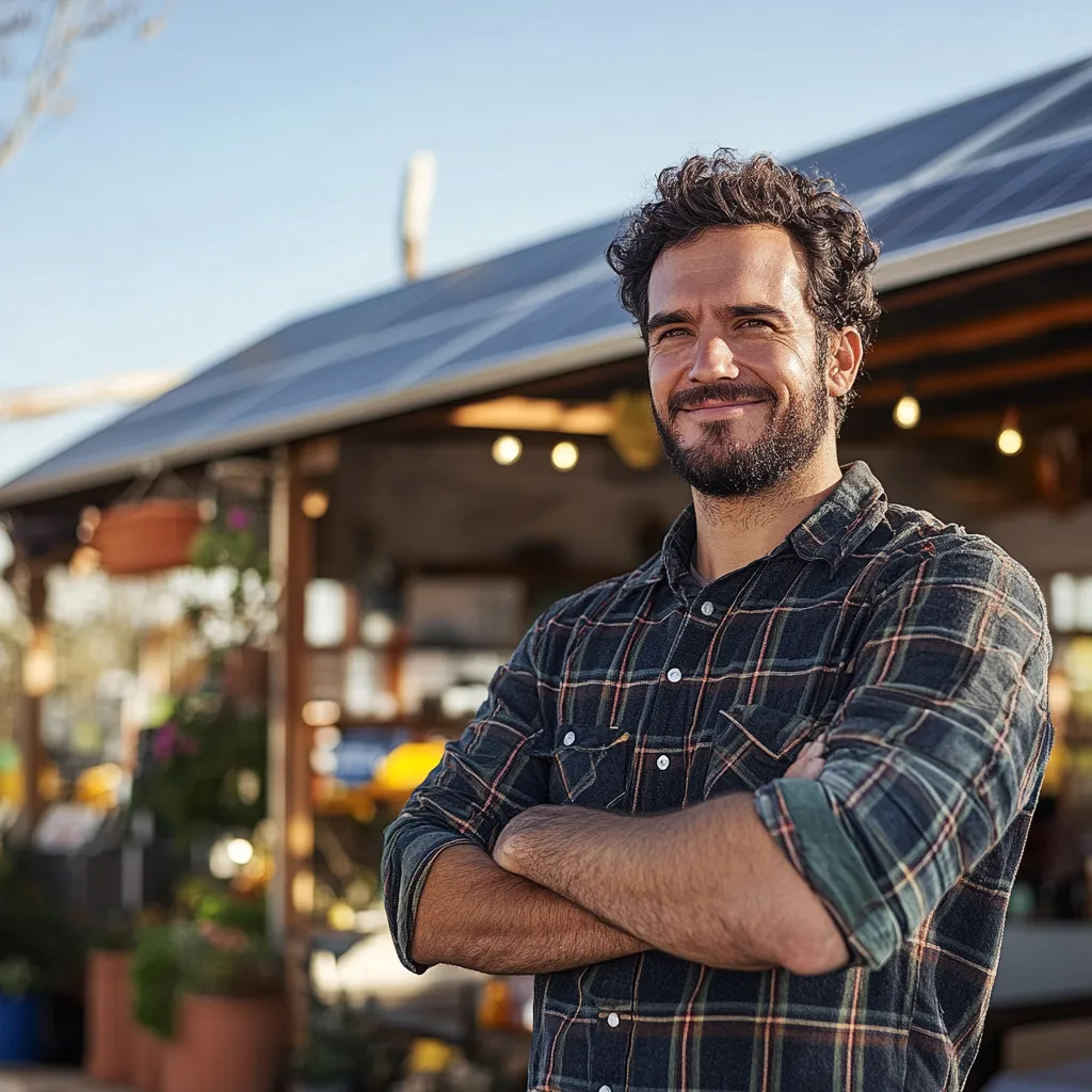 Hombre con camisa de cuadros sonriendo y con los brazos cruzados frente a una estructura con paneles solares.