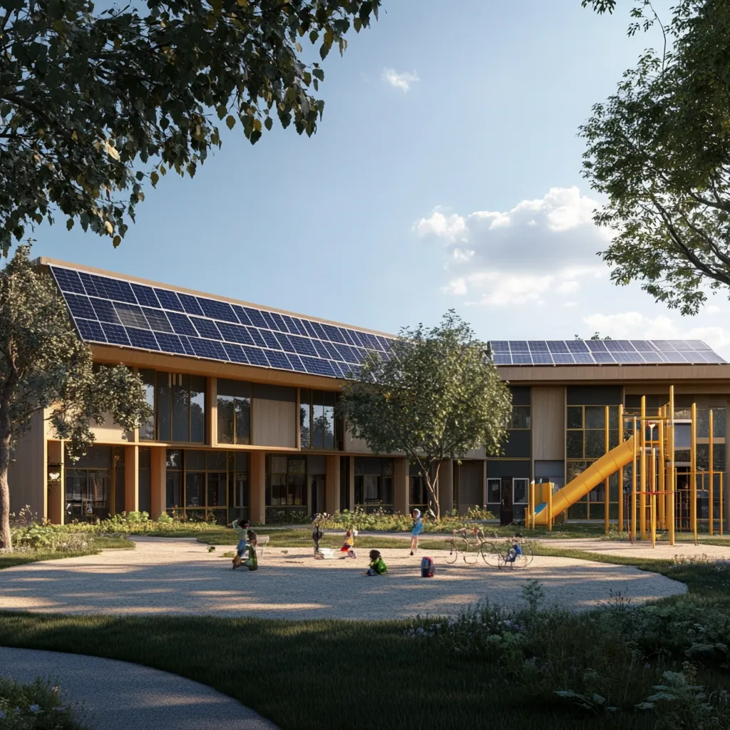 Escuela moderna con paneles solares en el techo y niños jugando en el patio con estructuras de juegos amarillas.