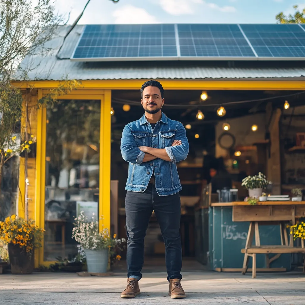 Hombre de pie con chaqueta de mezclilla frente a un edificio con paneles solares en el techo y decoración con plantas y luces.