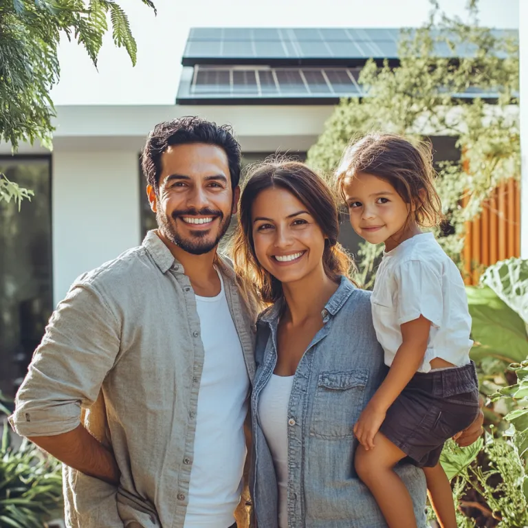 Familia sonriente con padre, madre y niña, al aire libre frente a una casa con paneles solares.