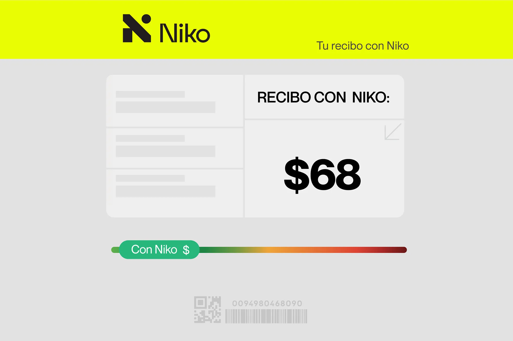 Recibo digital con el logo de Niko, mostrando un monto de $68 y una barra de progreso en colores degradados.