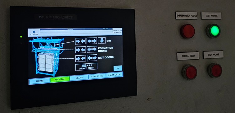 Verbruggen palletizer operator control panel with touchscreen HMI and pushbuttons