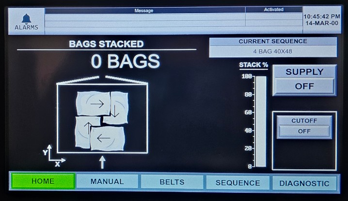 Verbruggen palletizer HMI home screen showing bags stacked sequence display