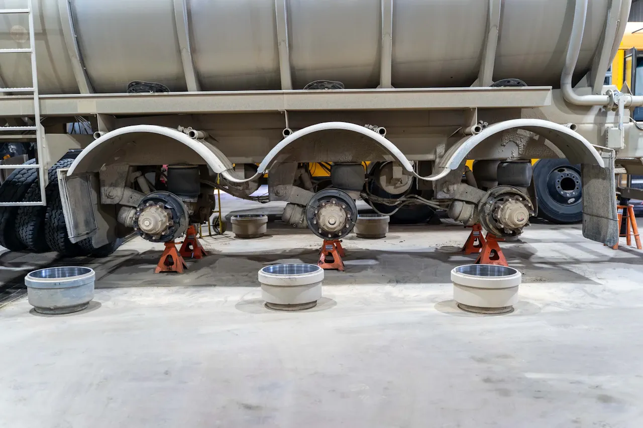 Brake repair with a heavy-duty tanker trailer on jack stands and wheel hubs exposed for service.