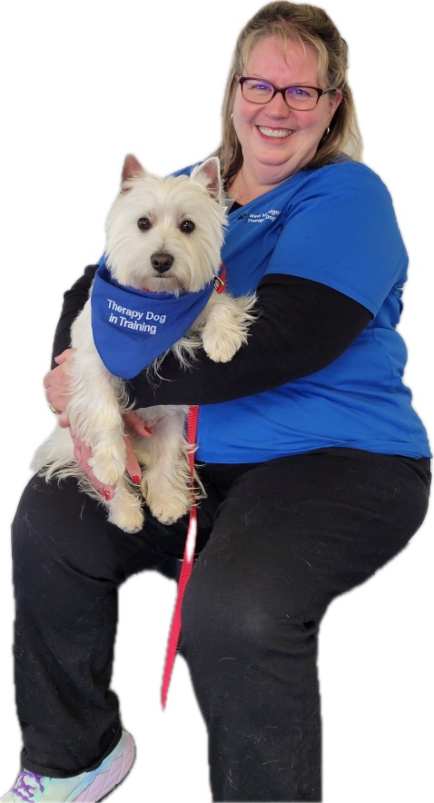 A happy corgi mix enjoying daycare at Kim's K-9's boarding facility