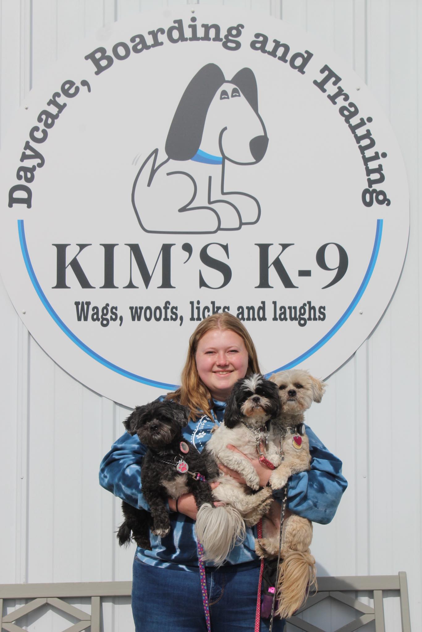 A happy corgi mix enjoying daycare at Kim's K-9's boarding facility