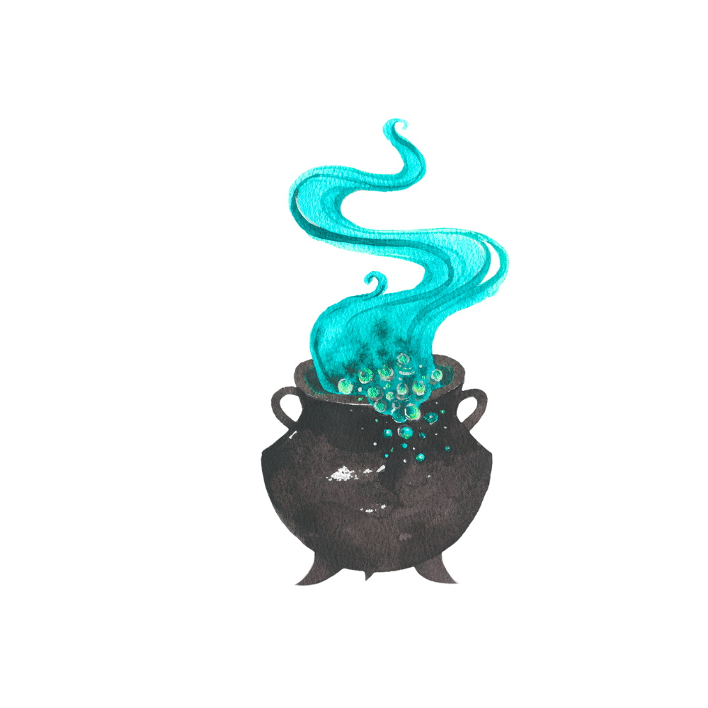 glass bottle of magic potion surrounded by mushrooms and feathers