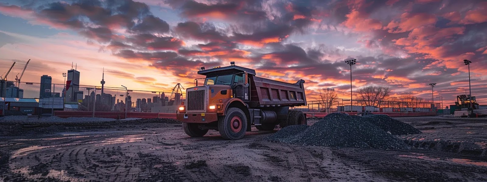 a powerful dump truck loaded with gravel stands prominently on a construction site under a dramatic sunset, highlighting its robust design and the industrial backdrop of machinery and materials.