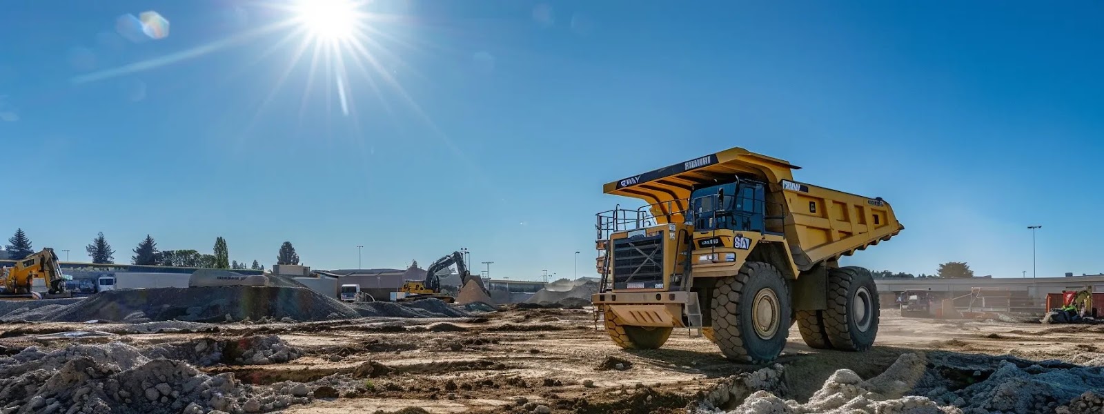 a robust dump truck, gleaming under the bright midday sun, stands prominently on a bustling construction site, surrounded by heavy machinery and piles of earth, symbolizing its vital role in various industries.