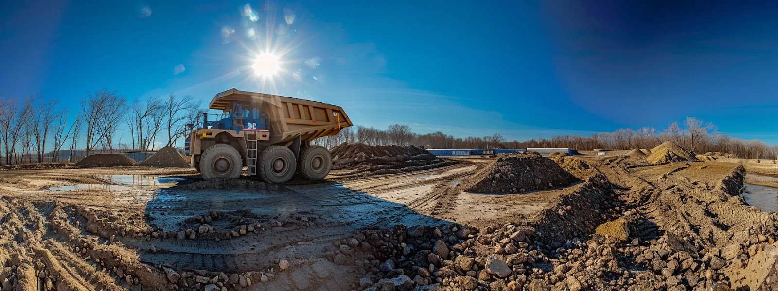 a robust dump truck stands prominently on a vibrant missouri construction site, surrounded by piles of earth and landscaping materials under clear blue skies, showcasing the essential role of heavy-duty hauling in transformation projects.