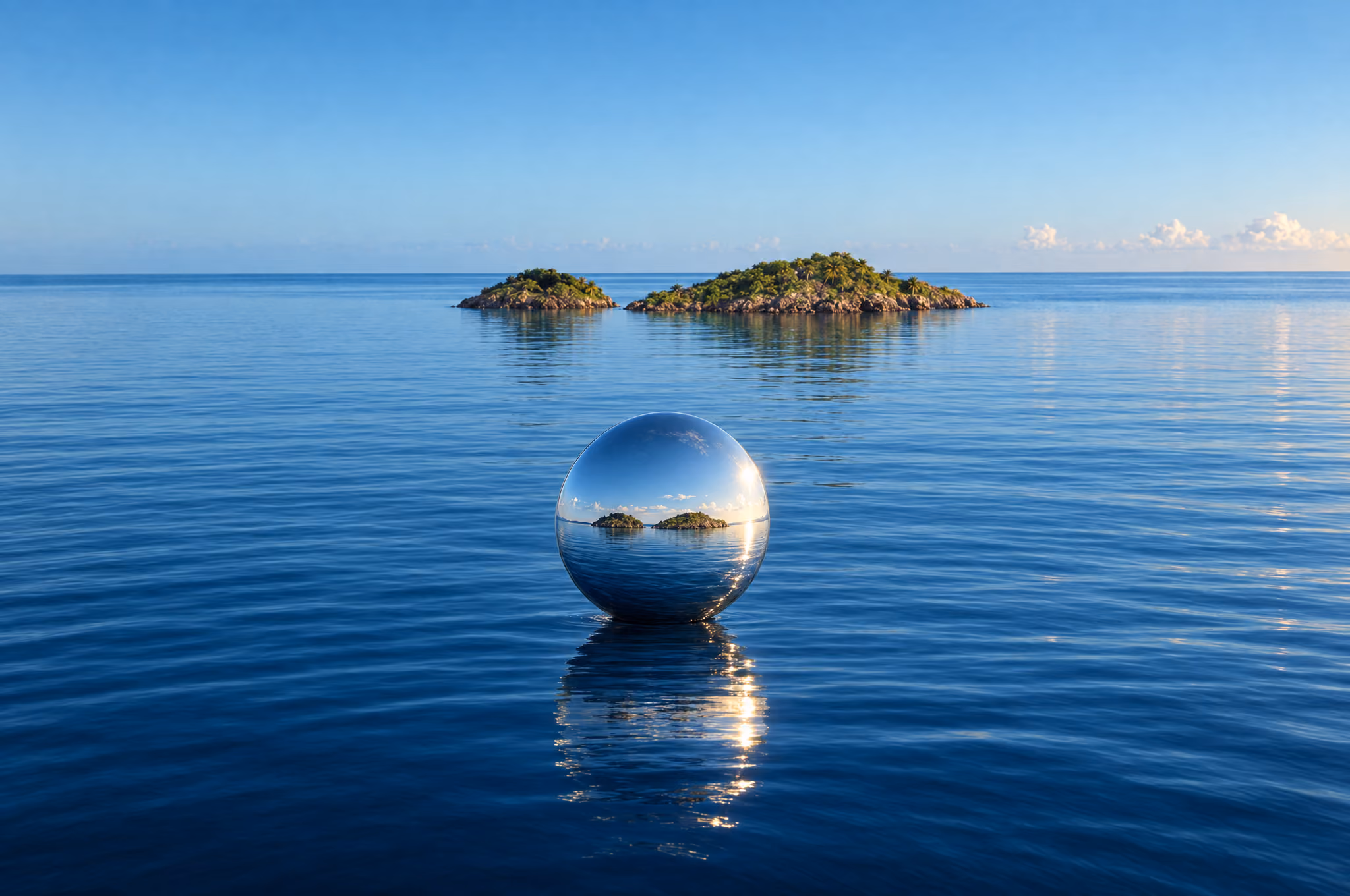 Une sphère miroir posée sur la mer devant les îlets Pigeon, en Guadeloupe