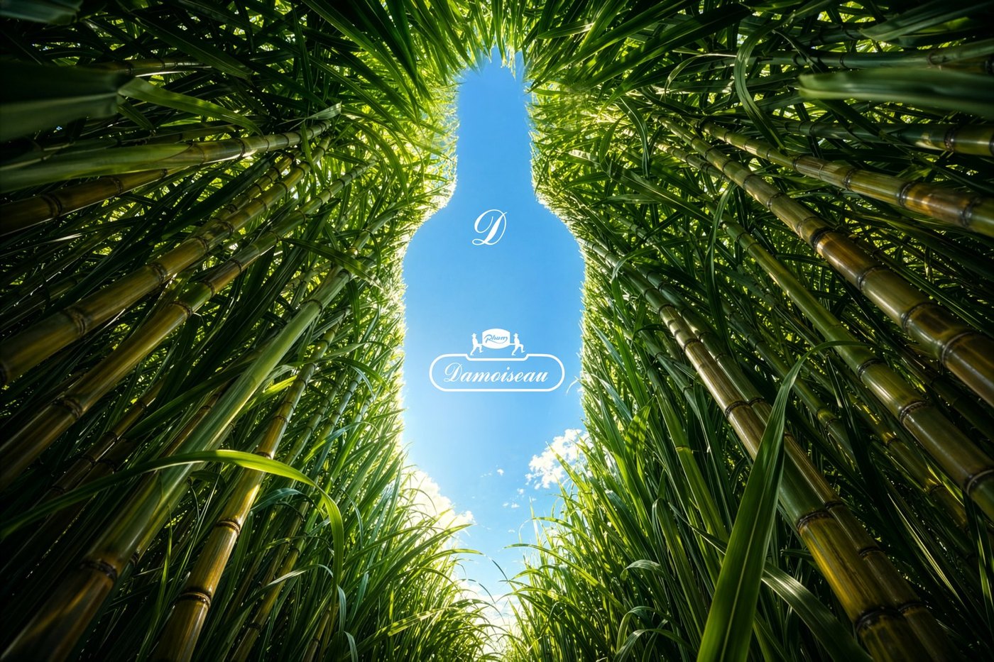 Damoiseau, bouteille dessinée par la lumière au milieu des cannes