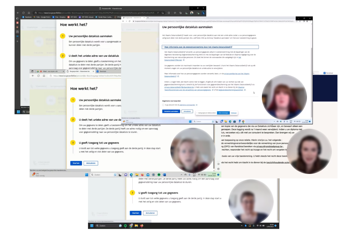Screenshot of 5 ongoing usability tests with the interface of the flemish government and the users blurred faces in the lower right corner.