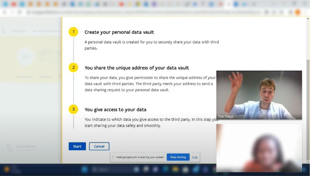 Screenshot of a usability test with the website of the flemish government and in the right lower corner the interviewer and interviewee.
